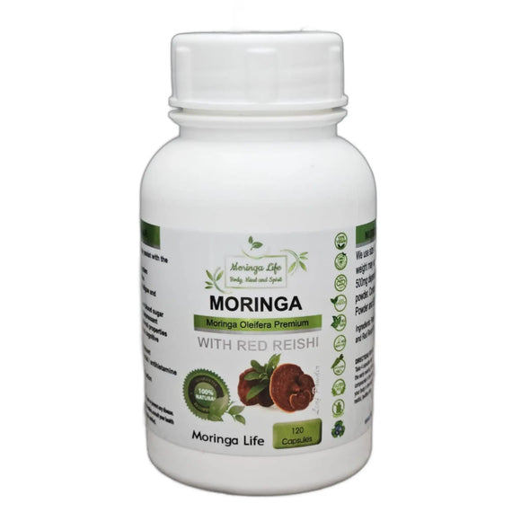 Pure Organic Moringa Capsules x 120 with added Red Reishi - Image #1